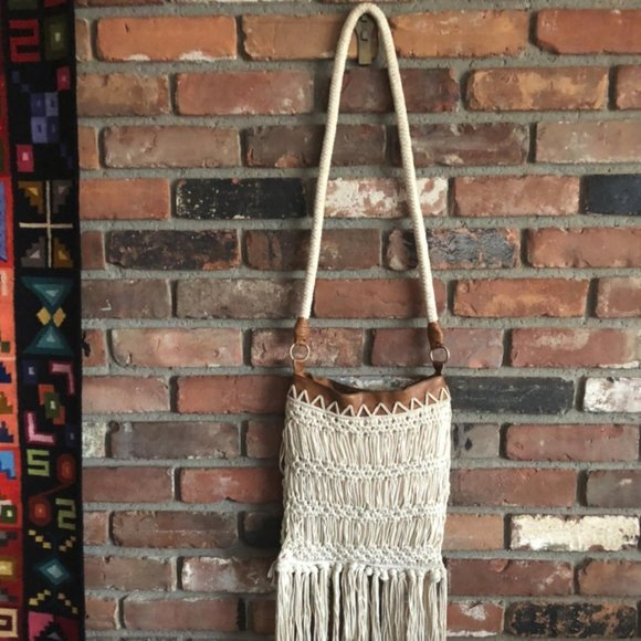 WOVEN Macramé Fringe CROSSBODY Hippie Boho FESTIVAL TOTE Travel, Rope Purse - Picture 3 of 4